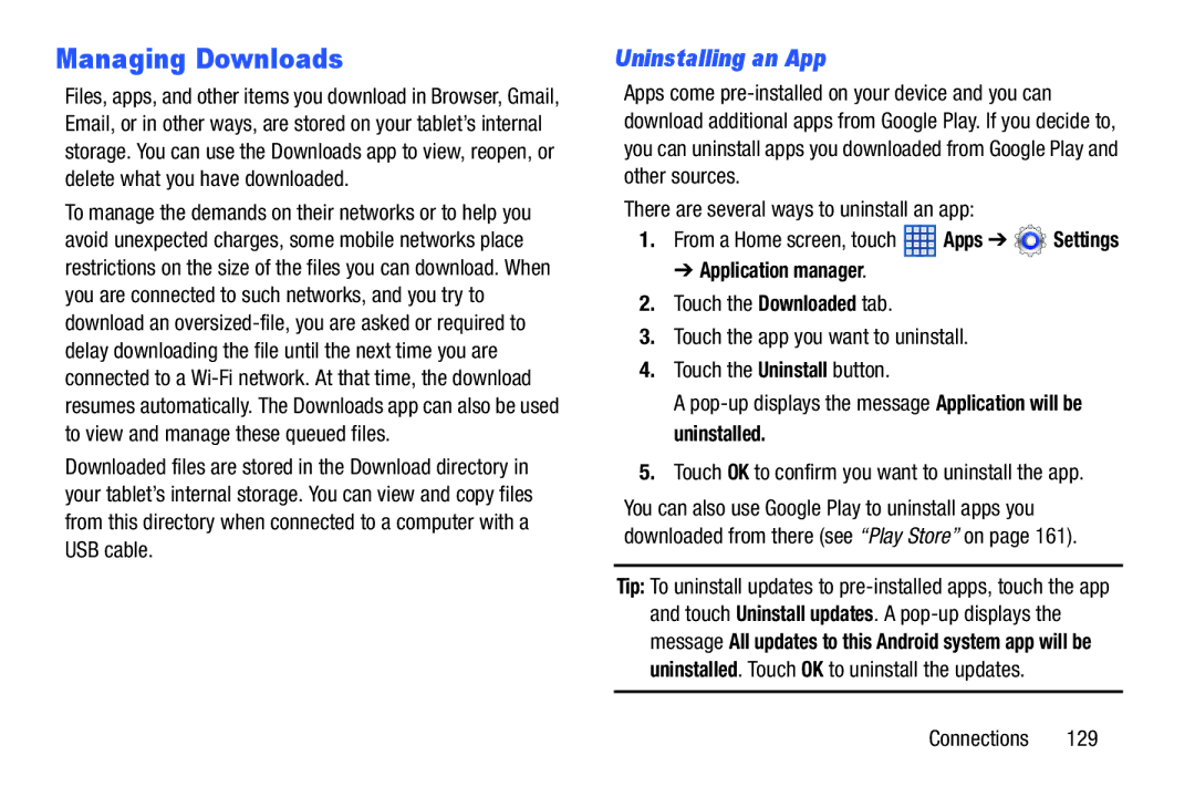 Samsung SGH-I497ZSAATT user manual Managing Downloads, Uninstalling an App 