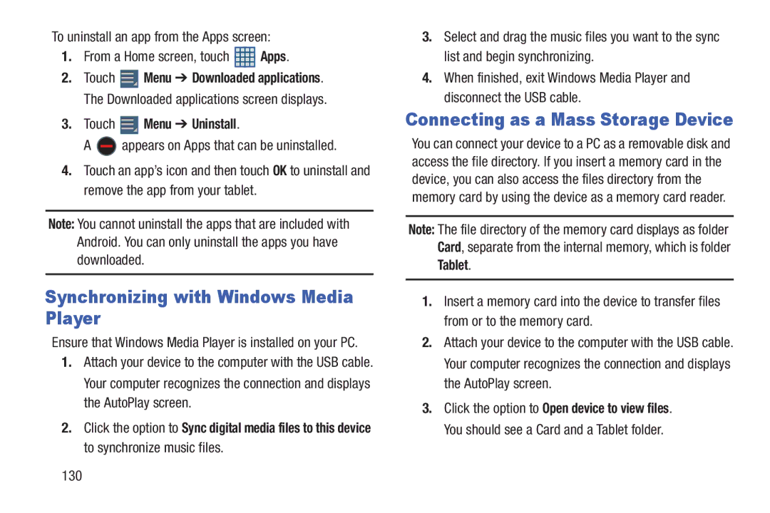 Samsung SGH-I497ZSAATT Synchronizing with Windows Media Player, Connecting as a Mass Storage Device, Touch Menu Uninstall 