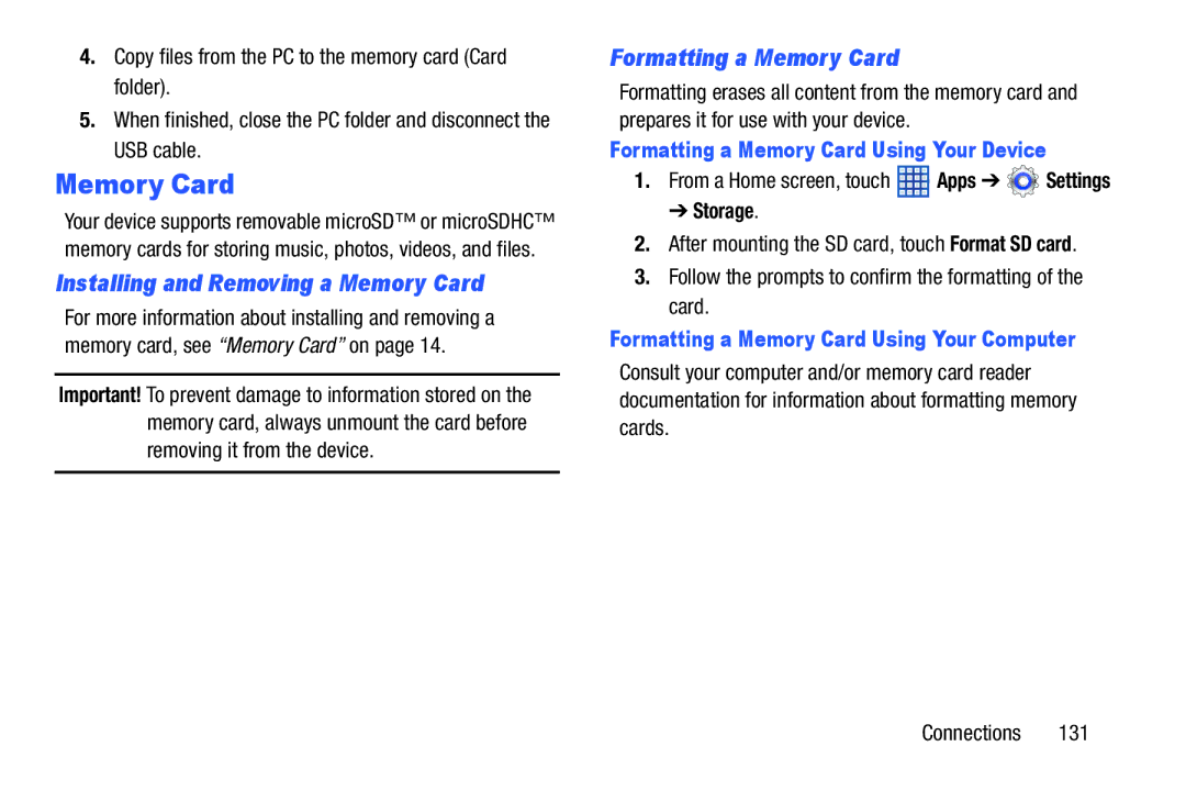 Samsung SGH-I497ZSAATT user manual Installing and Removing a Memory Card, Formatting a Memory Card, Storage 