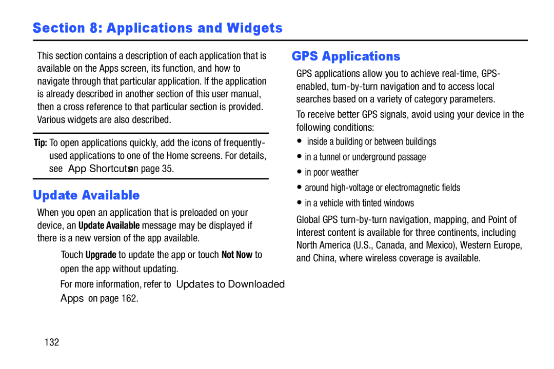 Samsung SGH-I497ZSAATT user manual Update Available, GPS Applications, 132 