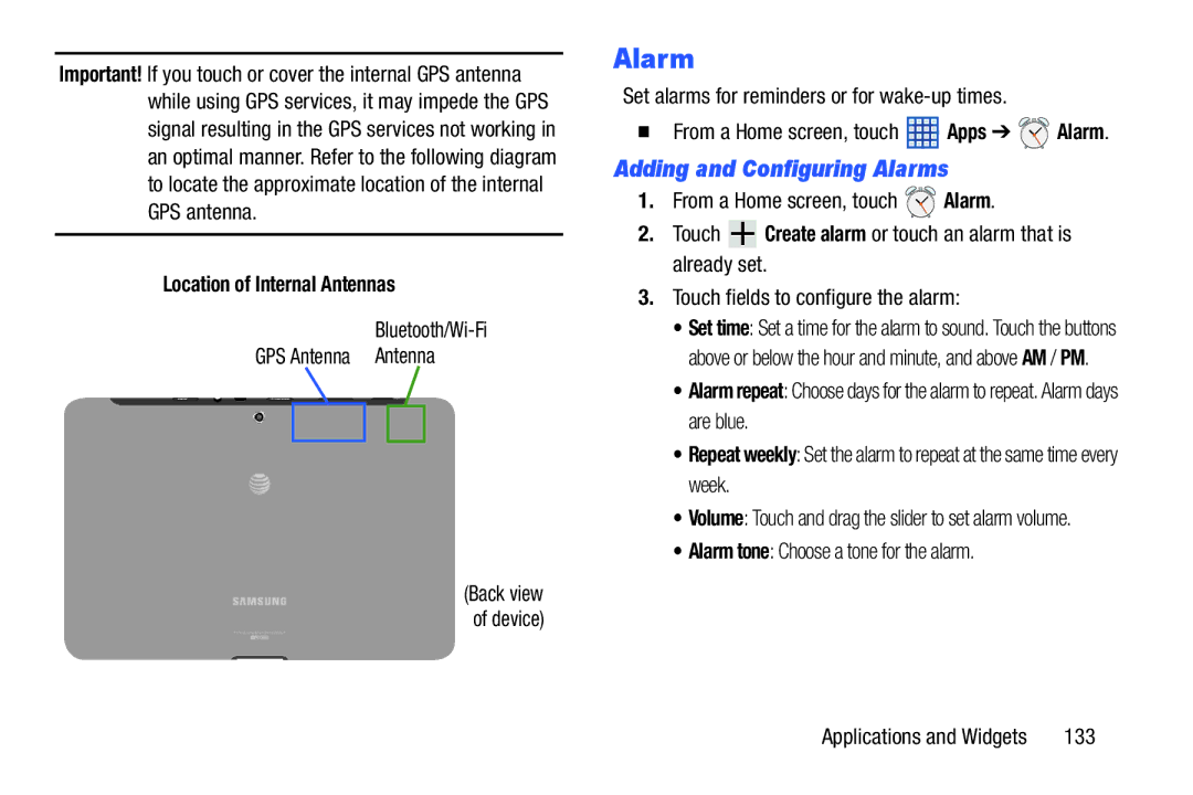 Samsung SGH-I497ZSAATT user manual Adding and Configuring Alarms, Location of Internal Antennas 