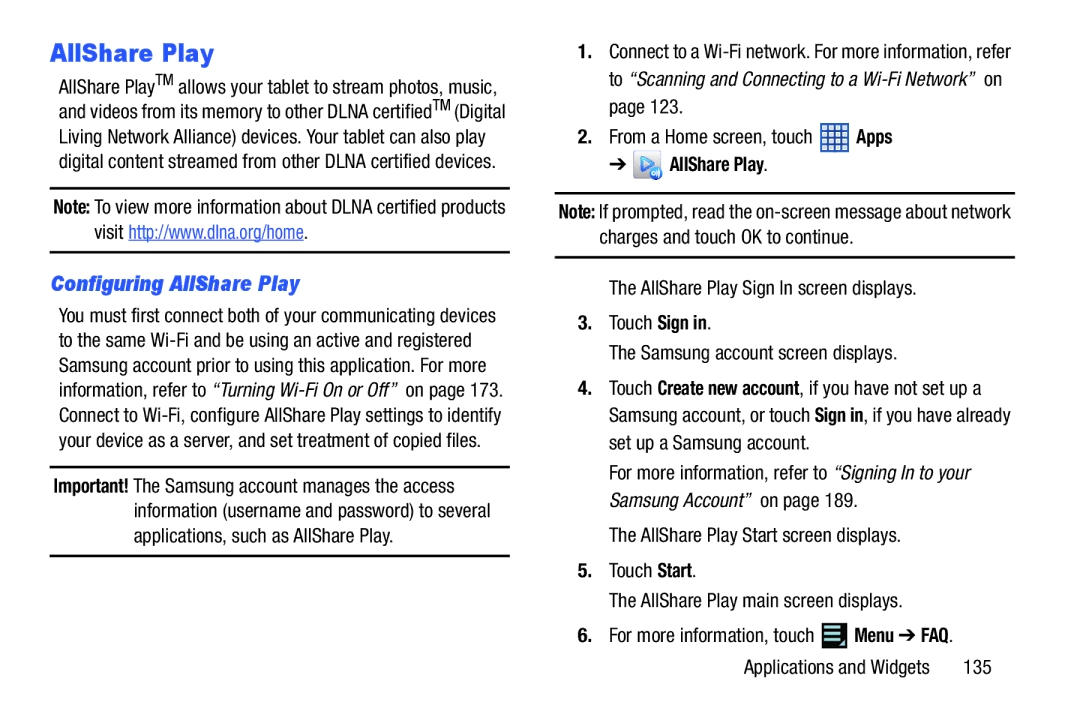 Samsung SGH-I497ZSAATT user manual Configuring AllShare Play, 135 