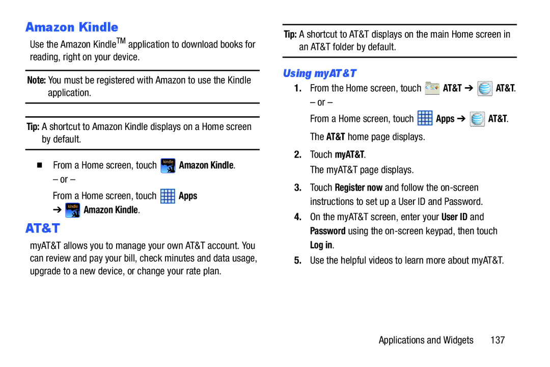 Samsung SGH-I497ZSAATT user manual Amazon Kindle, Using myAT&T, 137, From the Home screen, touch AT&T AT&T 