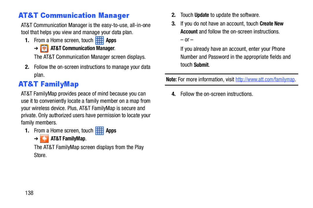 Samsung SGH-I497ZSAATT user manual AT&T Communication Manager, AT&T FamilyMap 