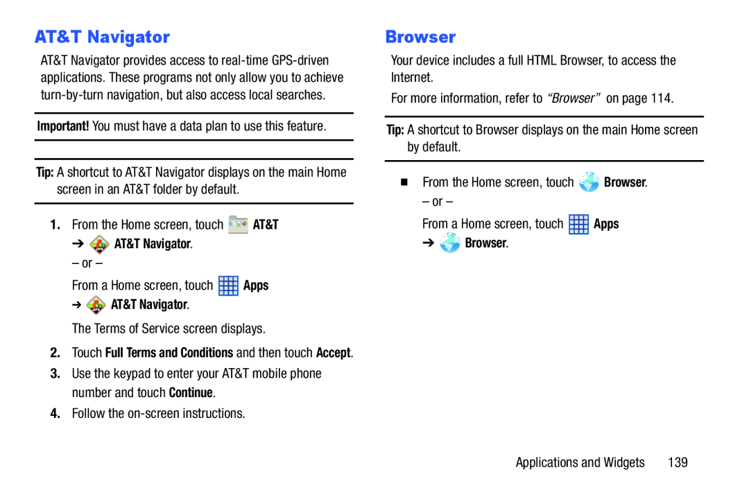 Samsung SGH-I497ZSAATT AT&T Navigator, From the Home screen, touch AT&T, Terms of Service screen displays, Browser 