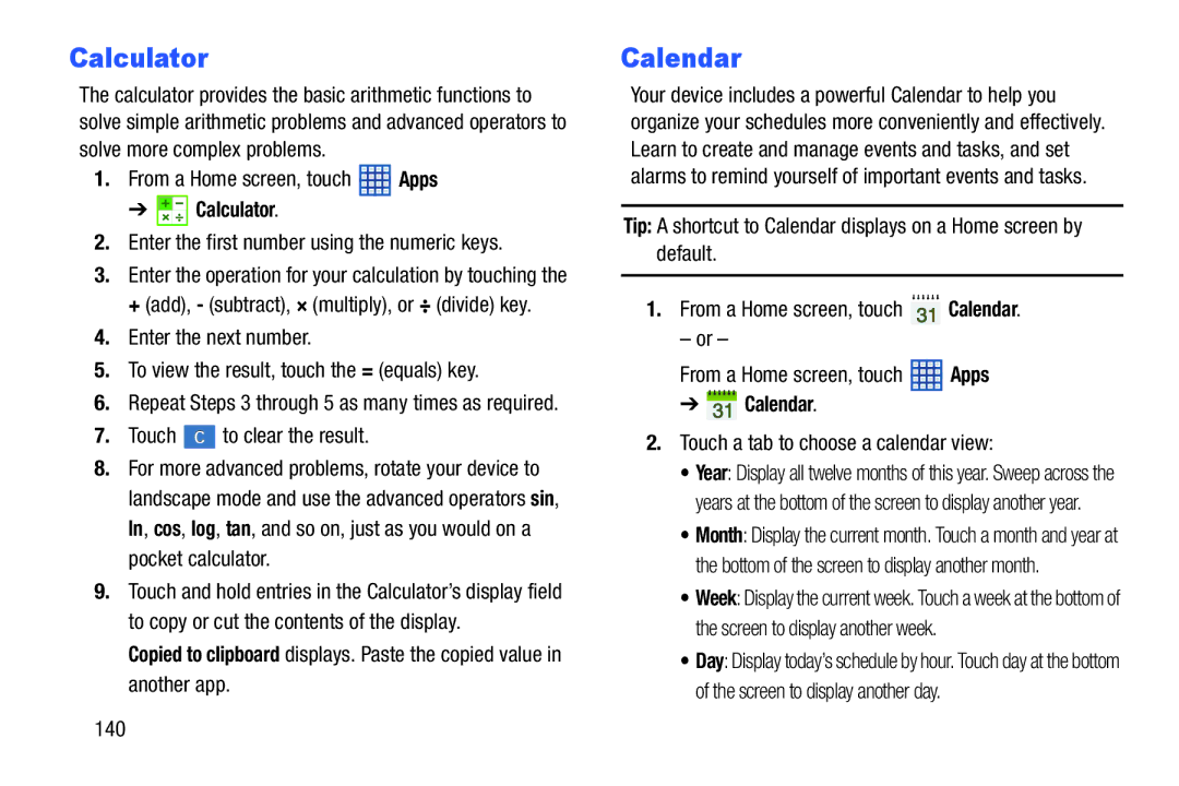 Samsung SGH-I497ZSAATT user manual Calculator, Calendar 