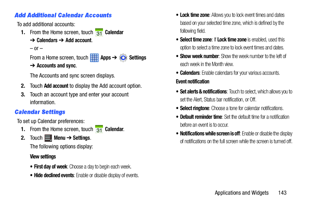 Samsung SGH-I497ZSAATT Add Additional Calendar Accounts, Calendar Settings, Calendars Add account, View settings 