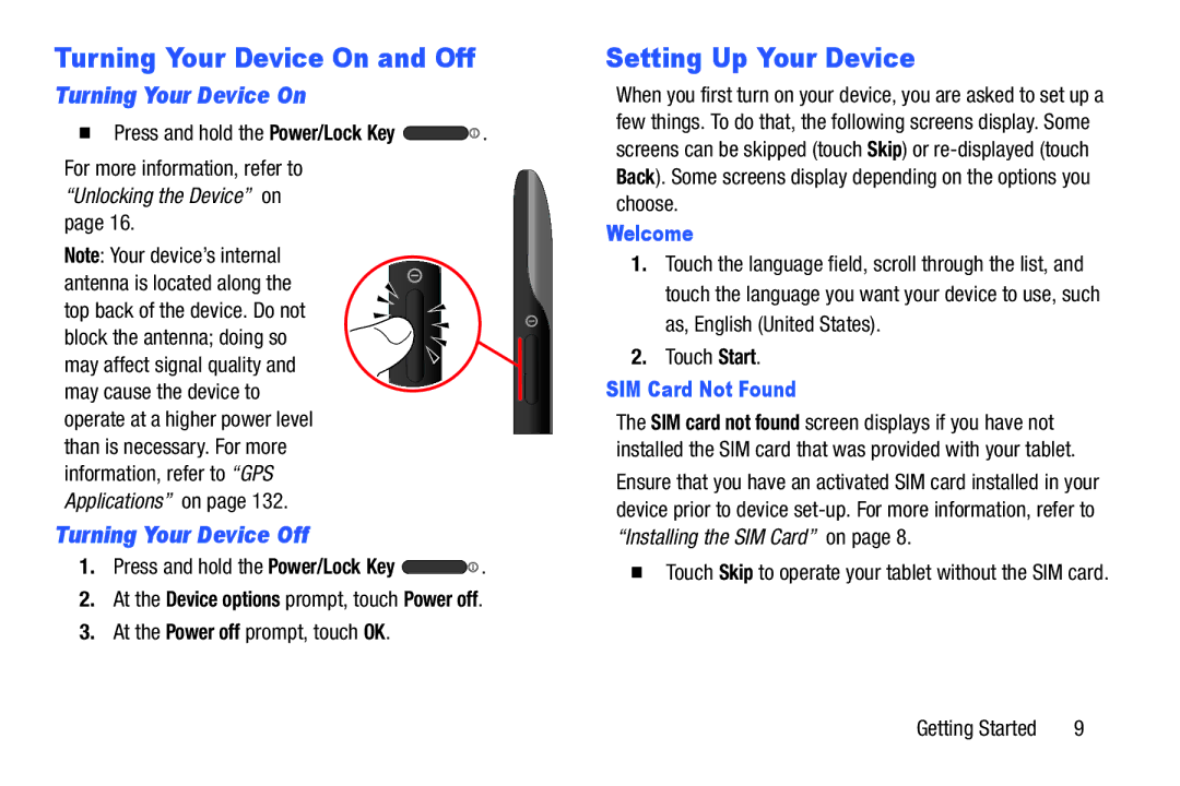 Samsung SGH-I497ZSAATT user manual Turning Your Device On and Off, Setting Up Your Device, Turning Your Device Off 