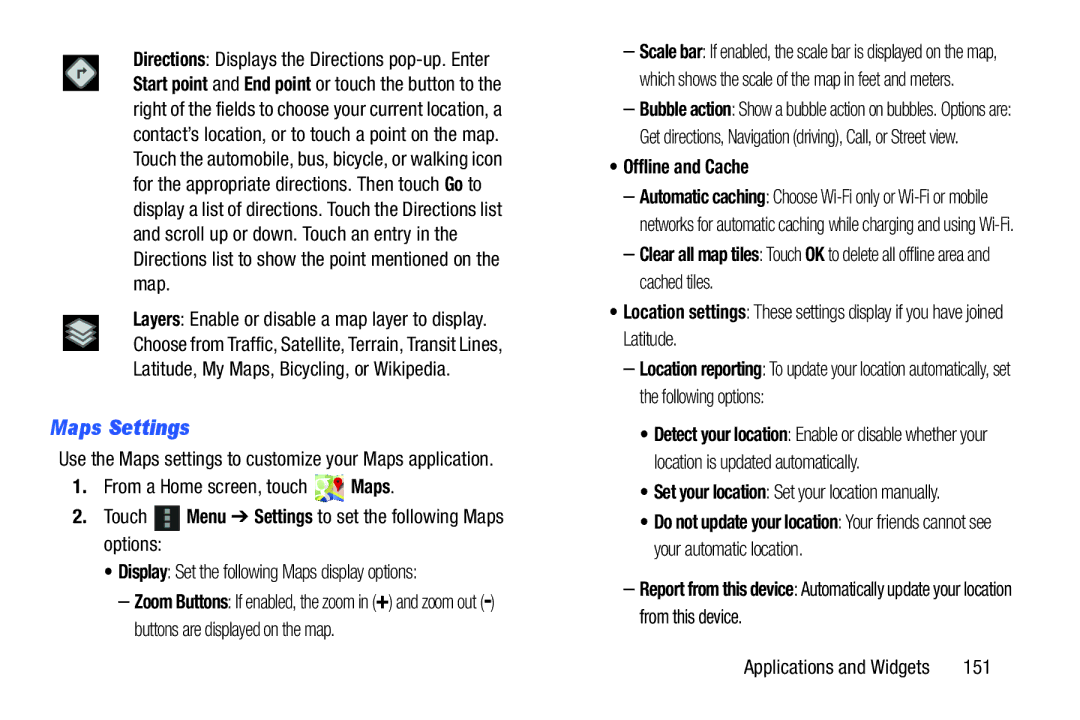 Samsung SGH-I497ZSAATT user manual Maps Settings, Offline and Cache, Set your location Set your location manually, 151 