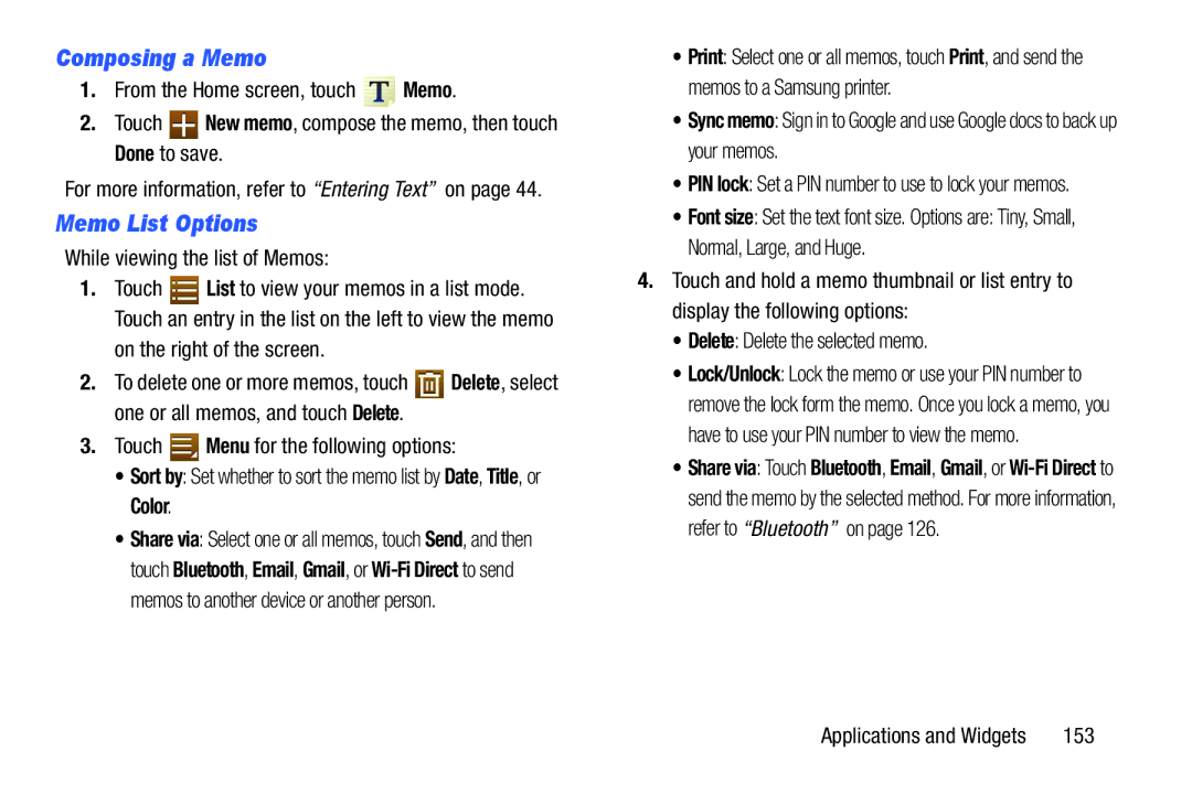 Samsung SGH-I497ZSAATT Composing a Memo, Memo List Options, While viewing the list of Memos, On the right of the screen 