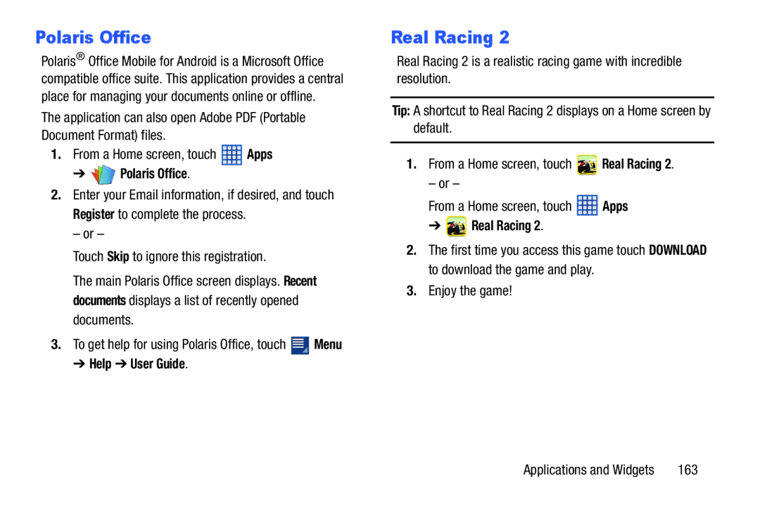 Samsung SGH-I497ZSAATT user manual Polaris Office, Real Racing, Help User Guide 