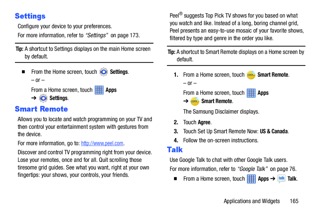 Samsung SGH-I497ZSAATT user manual Settings, Smart Remote,  From a Home screen, touch Apps Talk 