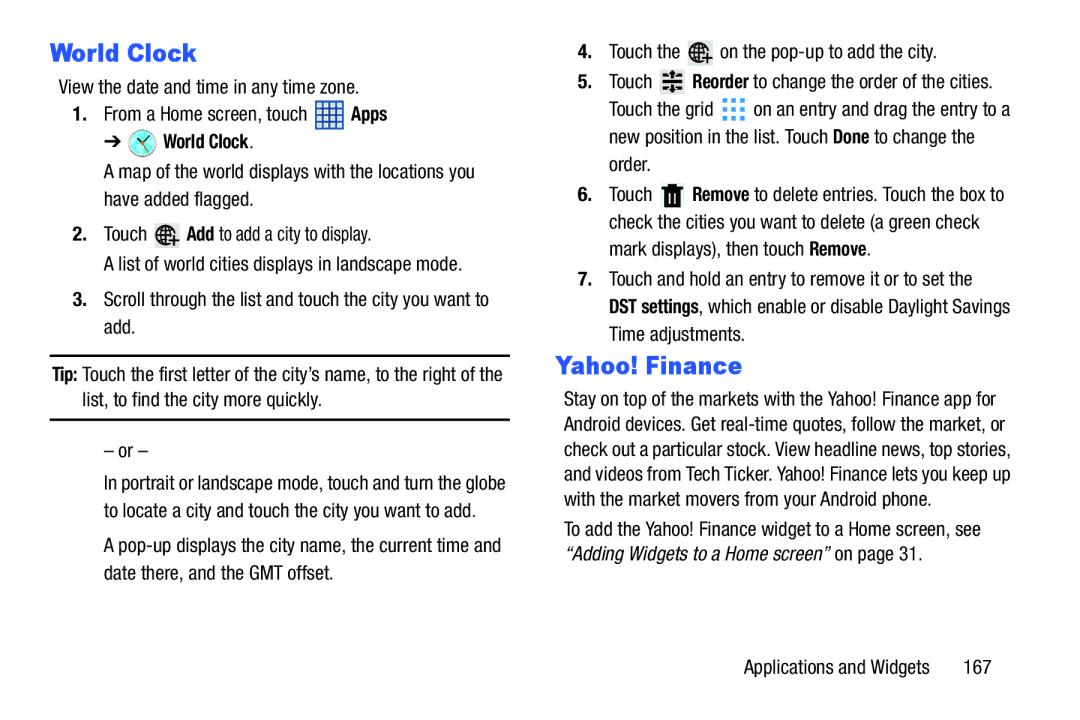 Samsung SGH-I497ZSAATT user manual World Clock, Yahoo! Finance, Order, Touch Reorder to change the order of the cities 