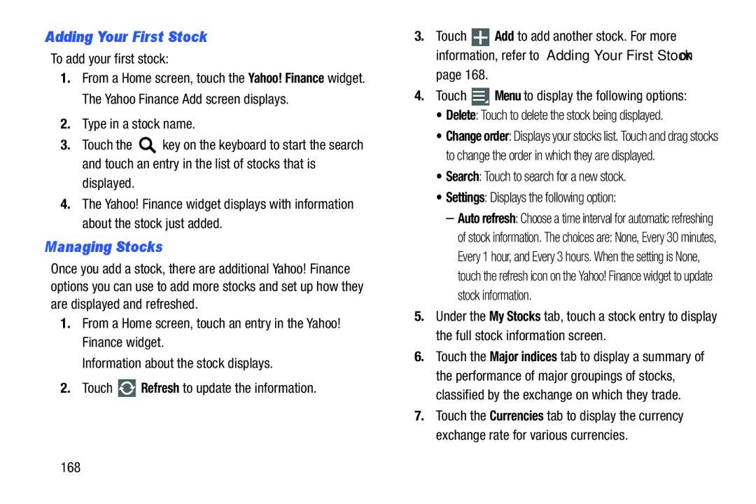 Samsung SGH-I497ZSAATT Adding Your First Stock, Managing Stocks, To add your first stock, Type in a stock name, 168 