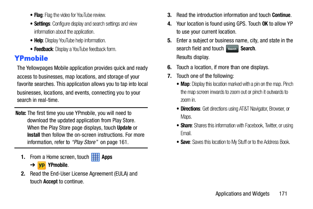 Samsung SGH-I497ZSAATT user manual YPmobile, Flag Flag the video for YouTube review, 171 