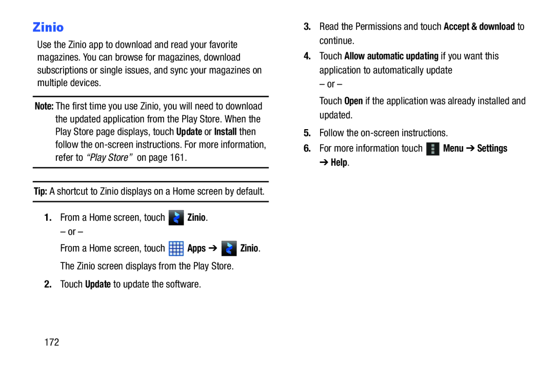 Samsung SGH-I497ZSAATT user manual From a Home screen, touch Zinio, 172, For more information touch Menu Settings 