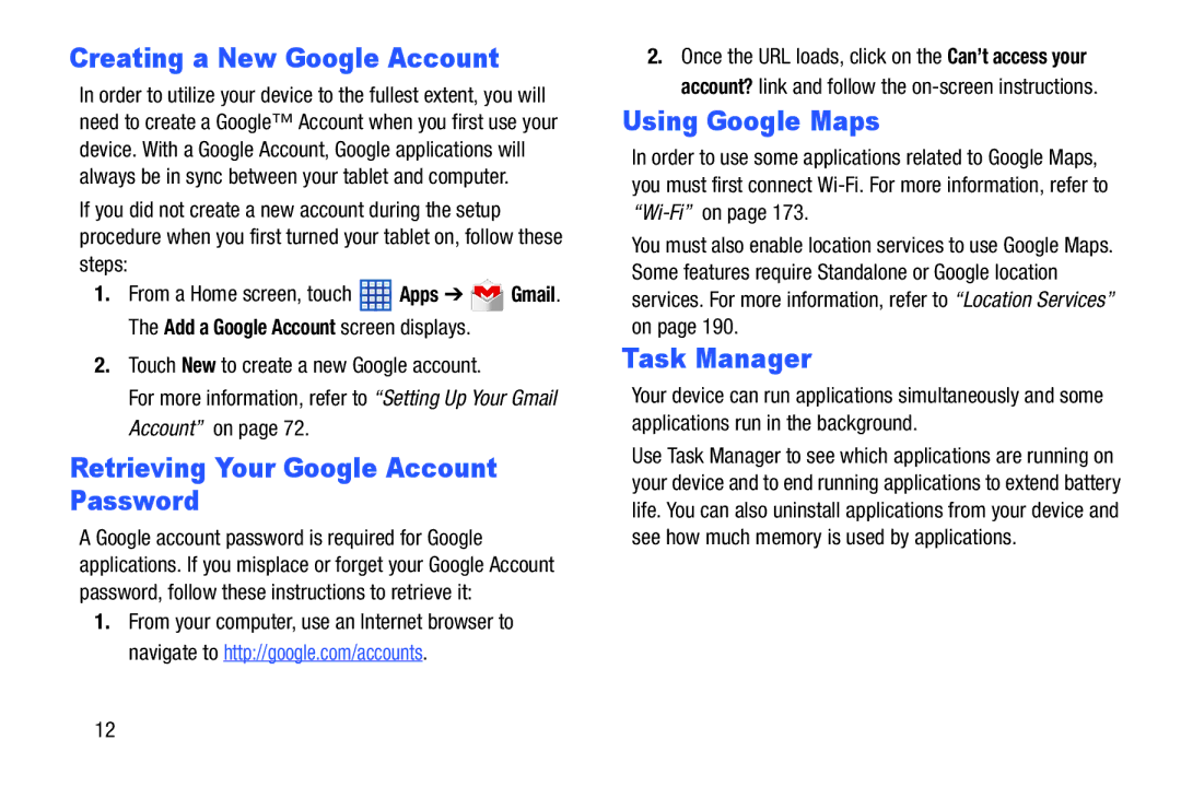 Samsung SGH-I497ZSAATT Creating a New Google Account, Retrieving Your Google Account Password, Using Google Maps 