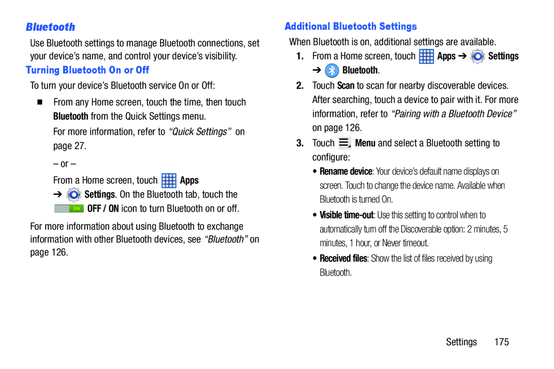 Samsung SGH-I497ZSAATT user manual Turning Bluetooth On or Off, Additional Bluetooth Settings 