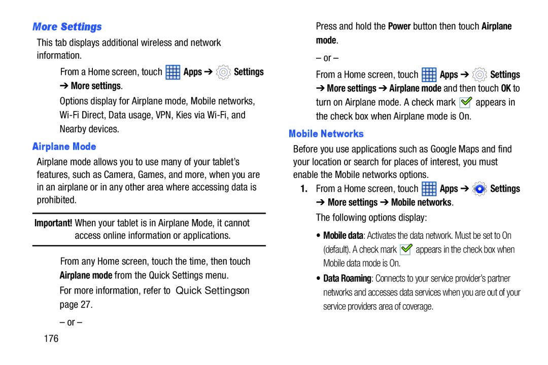 Samsung SGH-I497ZSAATT user manual More Settings, Airplane Mode, Mobile Networks, More settings Mobile networks 