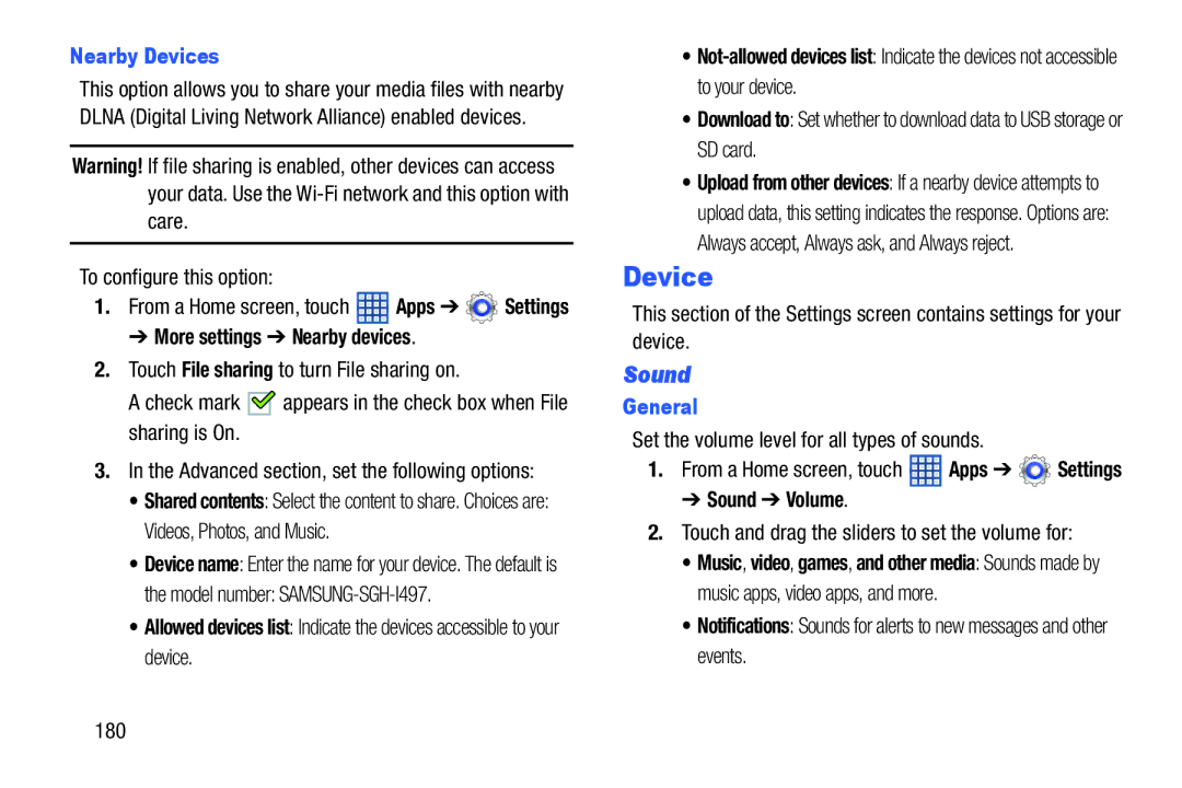 Samsung SGH-I497ZSAATT user manual Sound, Nearby Devices, General 