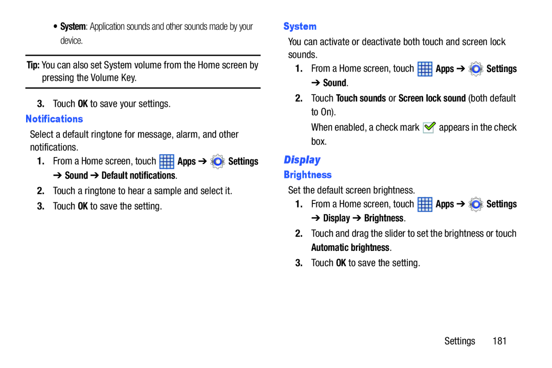 Samsung SGH-I497ZSAATT user manual Display, Notifications, System, Brightness 