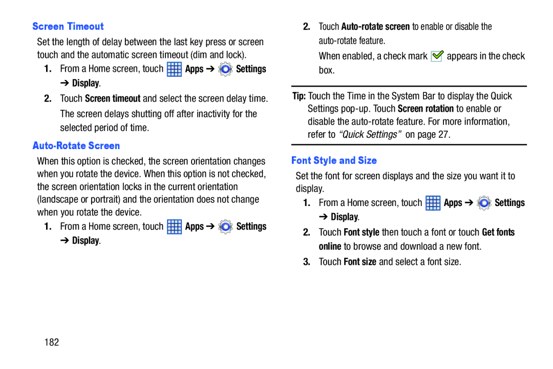 Samsung SGH-I497ZSAATT user manual Screen Timeout, Display, Auto-Rotate Screen, Font Style and Size 