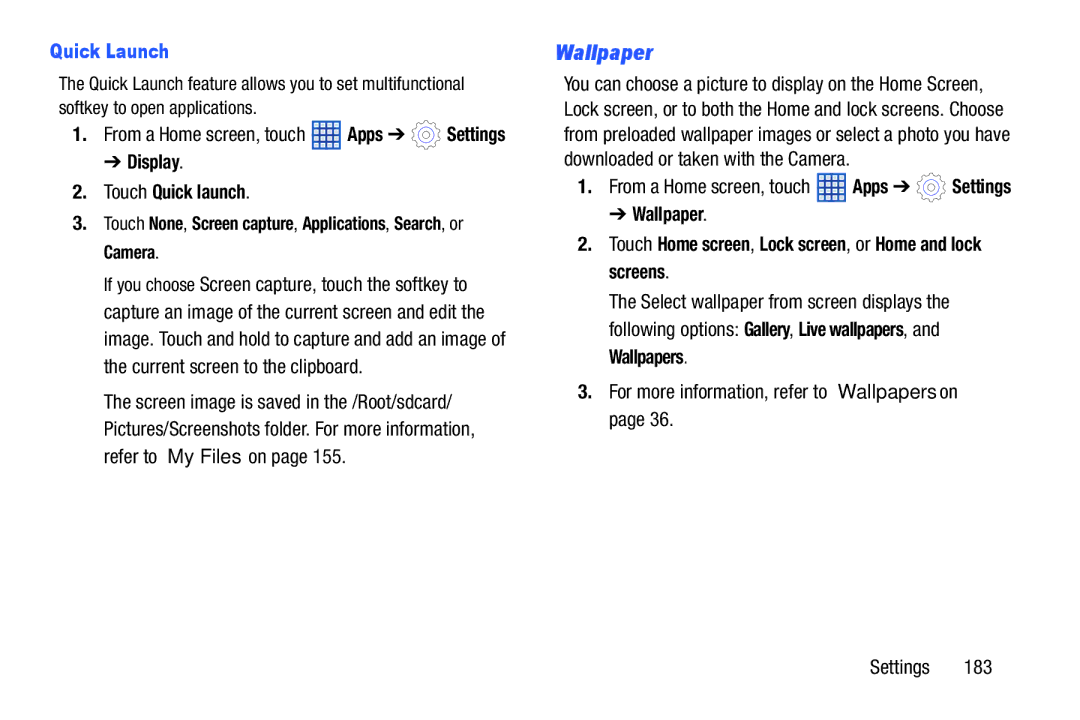 Samsung SGH-I497ZSAATT user manual Wallpaper, Quick Launch, Display Touch Quick launch 