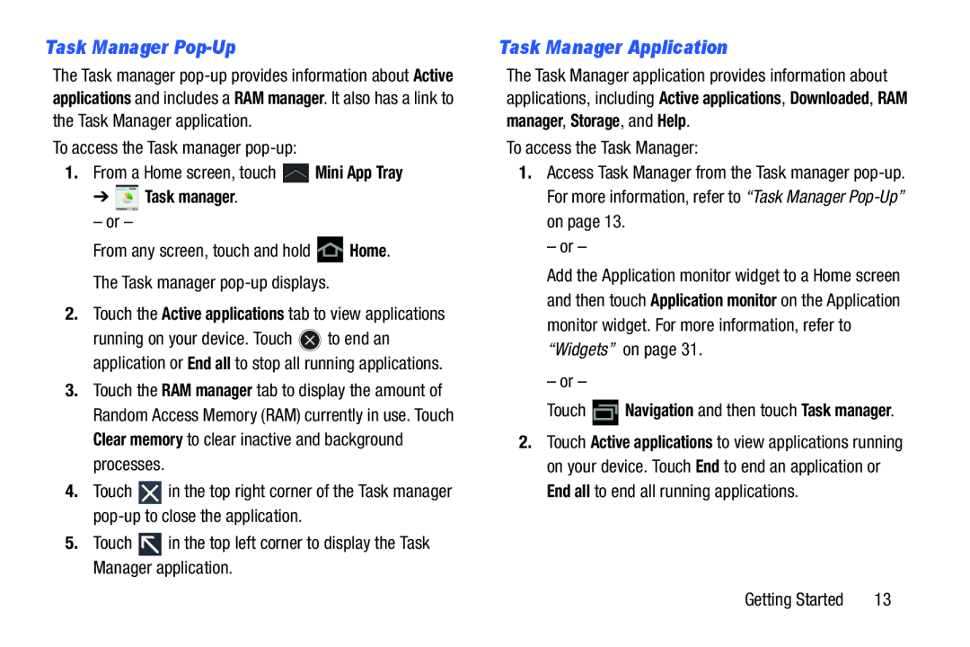 Samsung SGH-I497ZSAATT user manual Task Manager Pop-Up, Task Manager Application, Task manager 