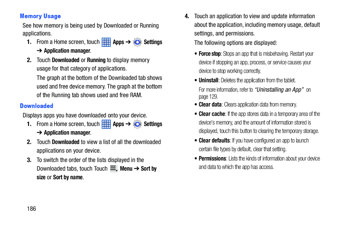 Samsung SGH-I497ZSAATT user manual Memory Usage, Downloaded, Displays apps you have downloaded onto your device, 186 