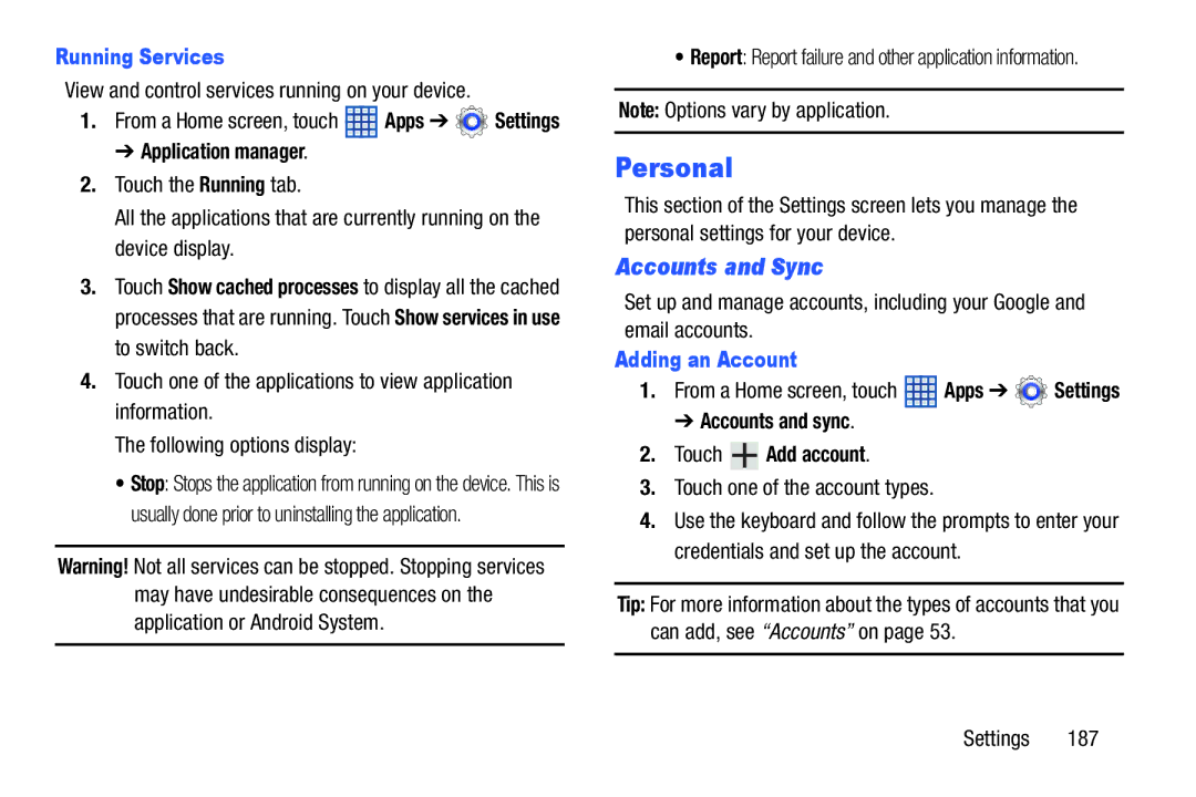 Samsung SGH-I497ZSAATT user manual Personal, Accounts and Sync, Running Services, Adding an Account 