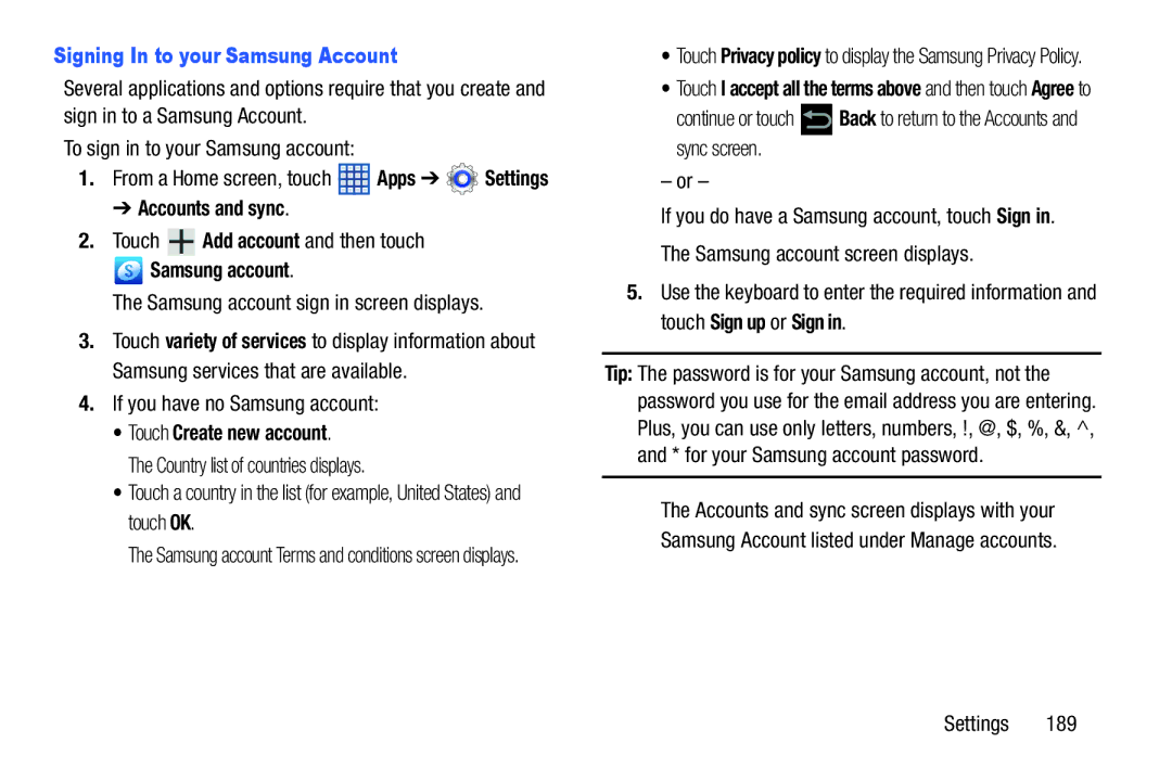 Samsung SGH-I497ZSAATT user manual Signing In to your Samsung Account, Samsung account, Touch Create new account 