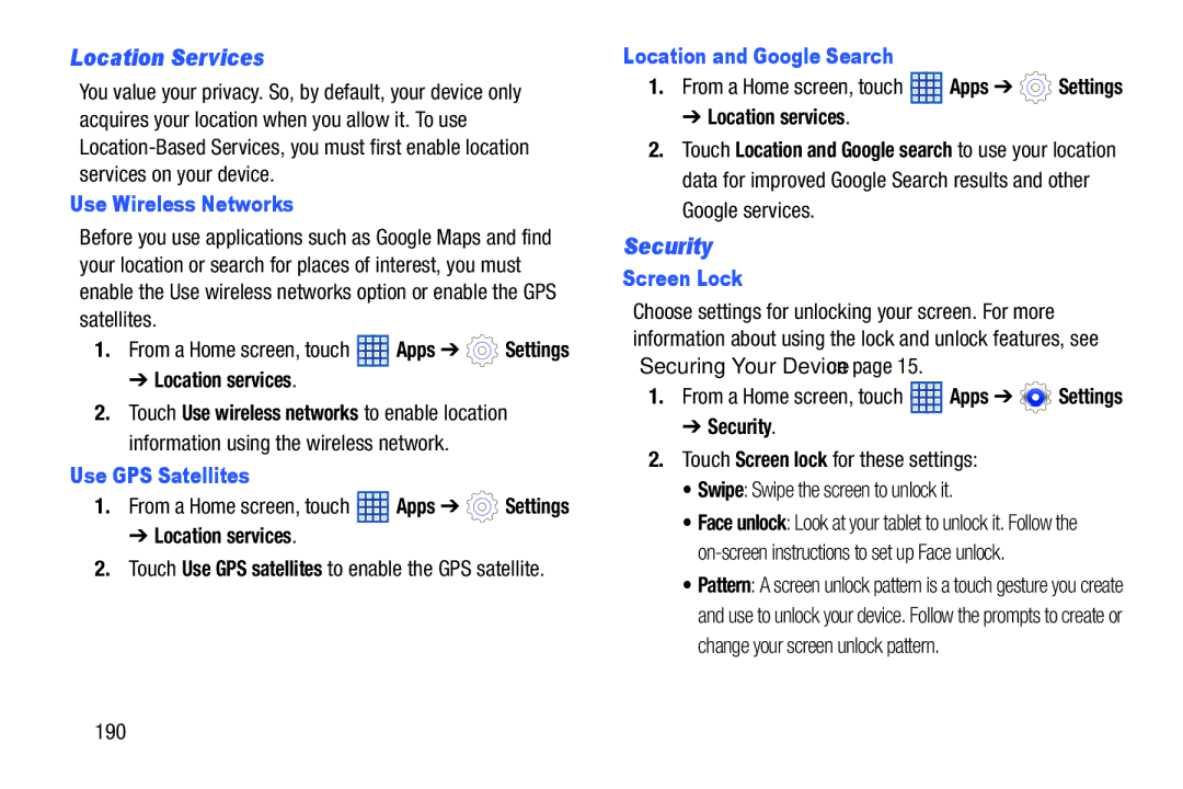 Samsung SGH-I497ZSAATT user manual Location Services, Security 