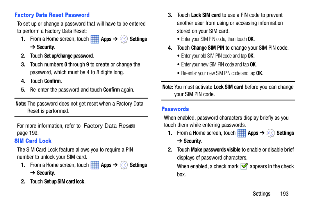 Samsung SGH-I497ZSAATT Factory Data Reset Password, Security Touch Set up/change password, SIM Card Lock, Passwords 