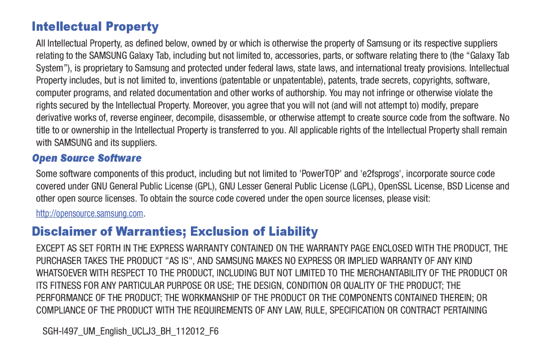 Samsung SGH-I497ZSAATT Intellectual Property, Disclaimer of Warranties Exclusion of Liability, Open Source Software 