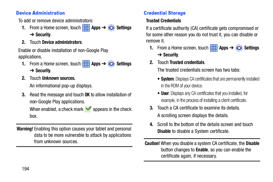 Samsung SGH-I497ZSAATT user manual Device Administration, Credential Storage 