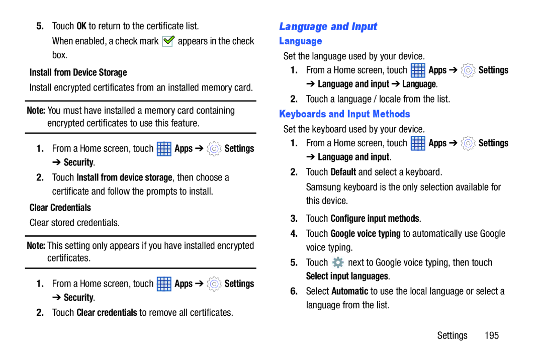 Samsung SGH-I497ZSAATT user manual Language and Input, Keyboards and Input Methods 