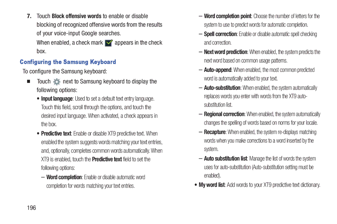 Samsung SGH-I497ZSAATT user manual Configuring the Samsung Keyboard, 196 