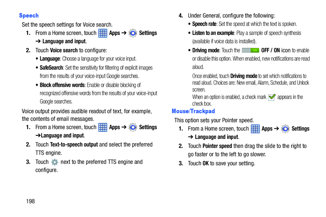 Samsung SGH-I497ZSAATT user manual Speech, Mouse/Trackpad 