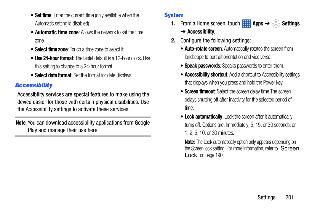 Samsung SGH-I497ZSAATT user manual Accessibility, Automatic time zone Allows the network to set the time zone 