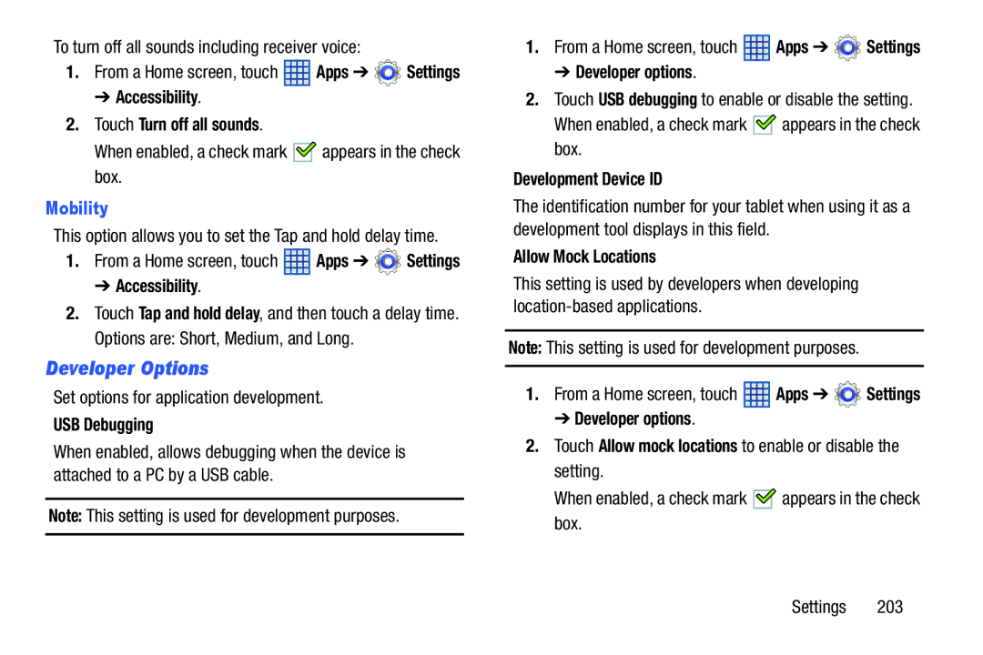 Samsung SGH-I497ZSAATT user manual Developer Options, Mobility 