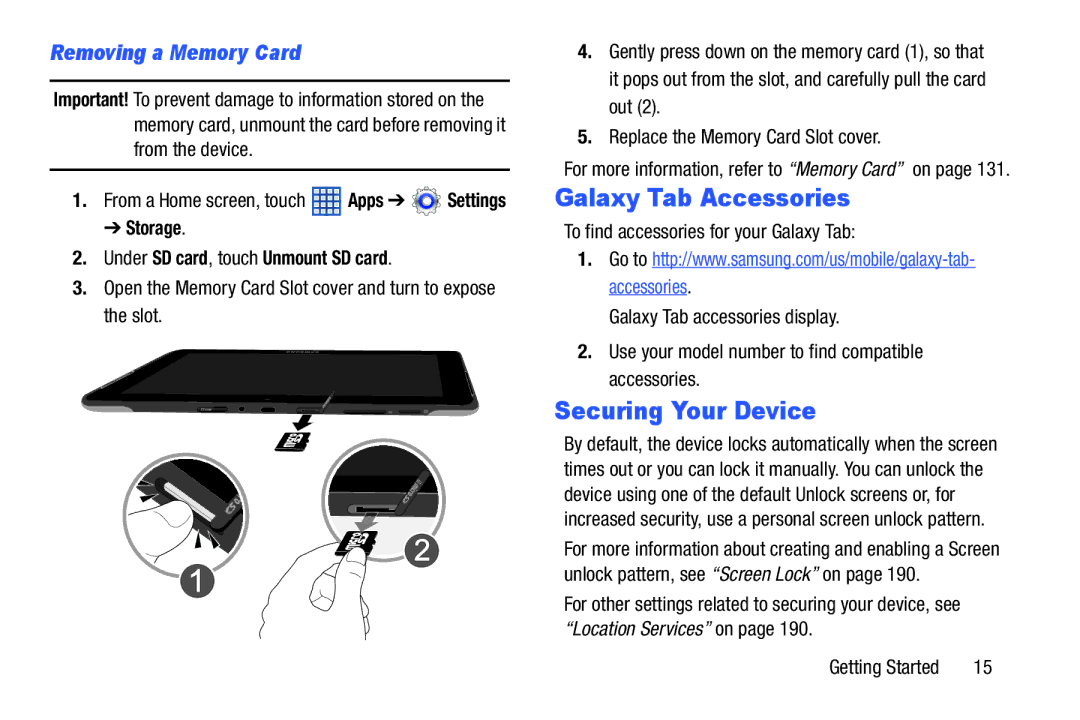 Samsung SGH-I497ZSAATT user manual Galaxy Tab Accessories, Securing Your Device, Removing a Memory Card 