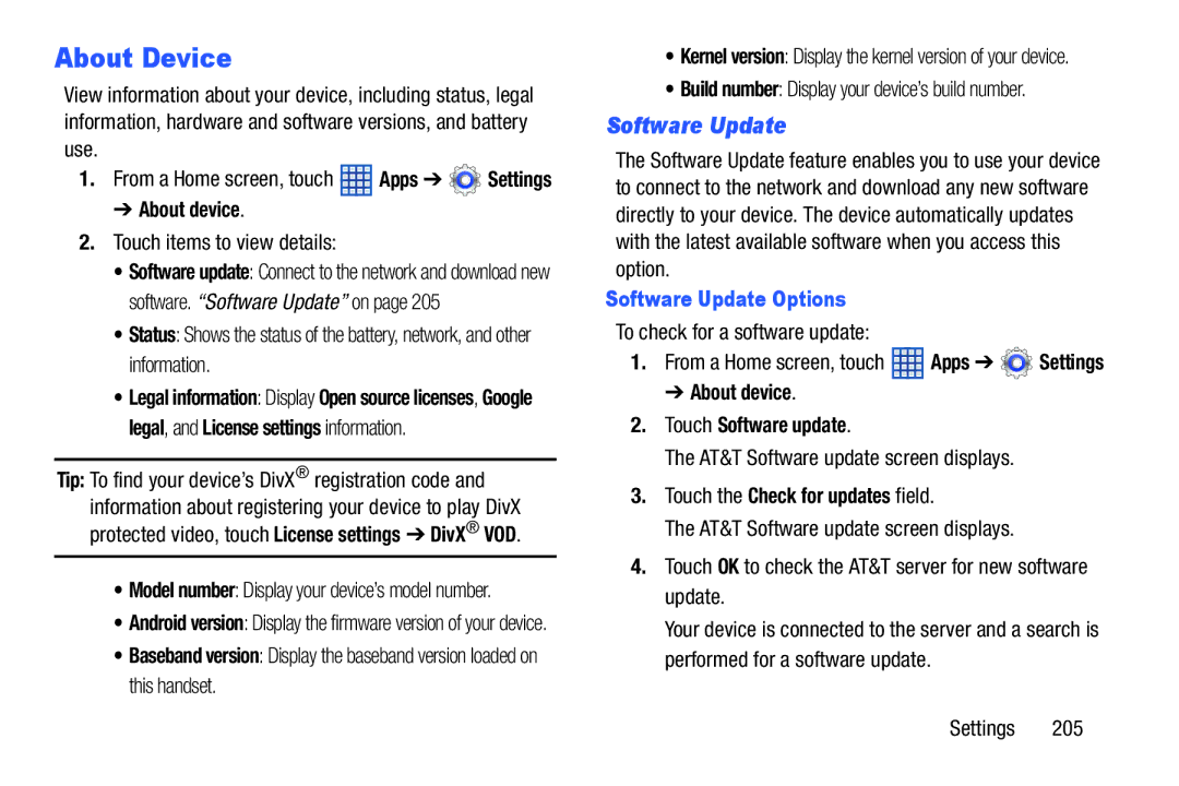 Samsung SGH-I497ZSAATT user manual About Device, Software Update Options 