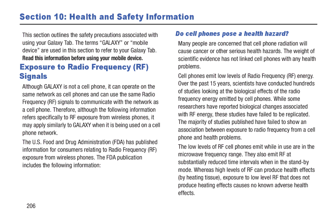 Samsung SGH-I497ZSAATT user manual Exposure to Radio Frequency RF Signals, Do cell phones pose a health hazard?, 206 