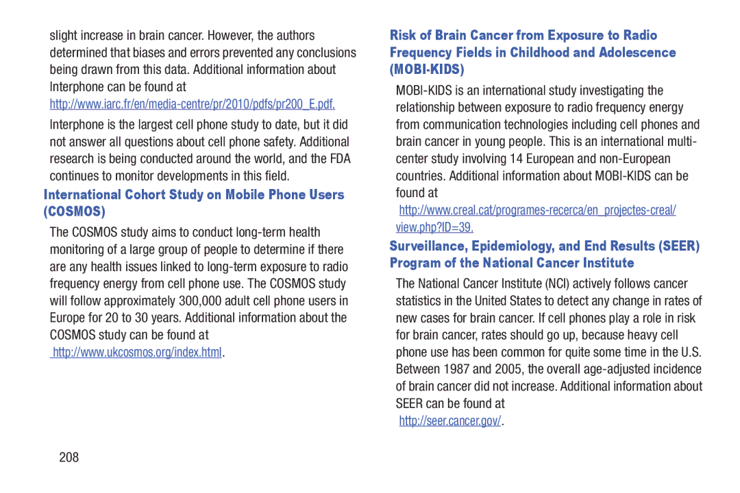 Samsung SGH-I497ZSAATT user manual International Cohort Study on Mobile Phone Users Cosmos, 208 