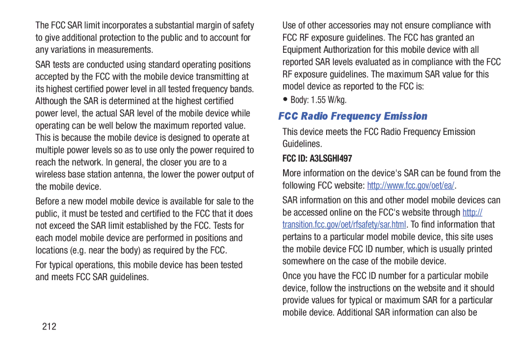 Samsung SGH-I497ZSAATT user manual Body 1.55 W/kg, 212 