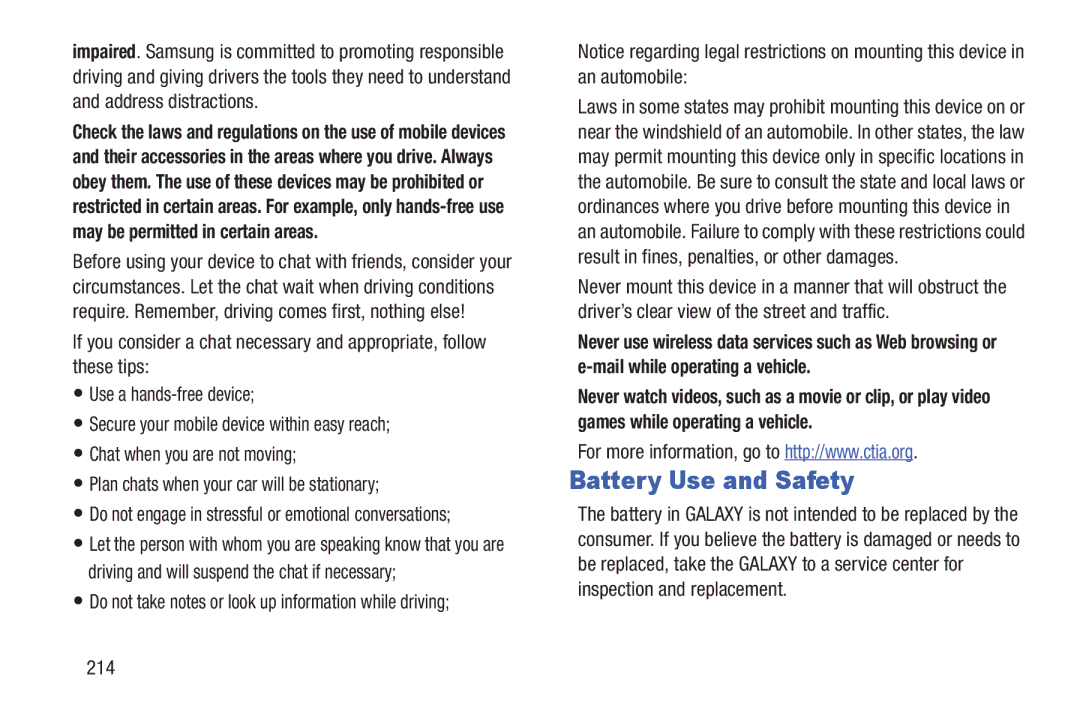 Samsung SGH-I497ZSAATT user manual Battery Use and Safety, 214, Do not engage in stressful or emotional conversations 