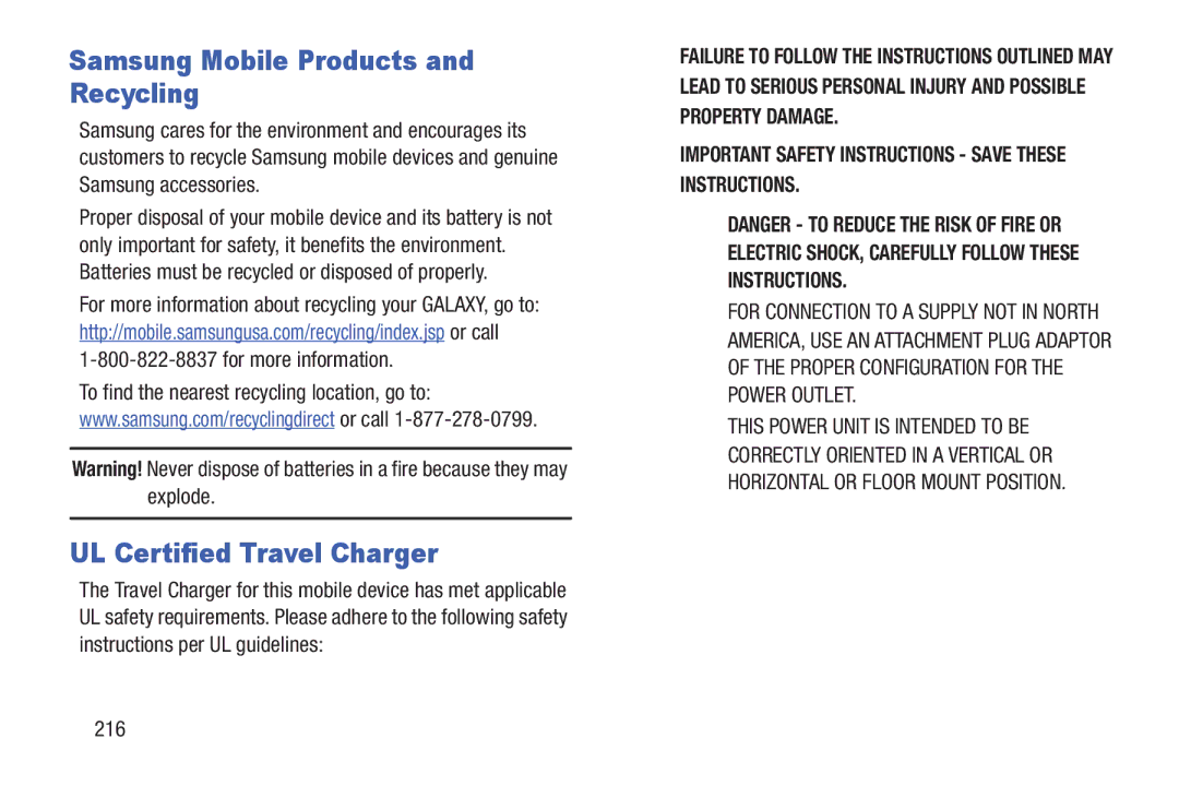 Samsung SGH-I497ZSAATT user manual Samsung Mobile Products and Recycling, UL Certified Travel Charger, 216 