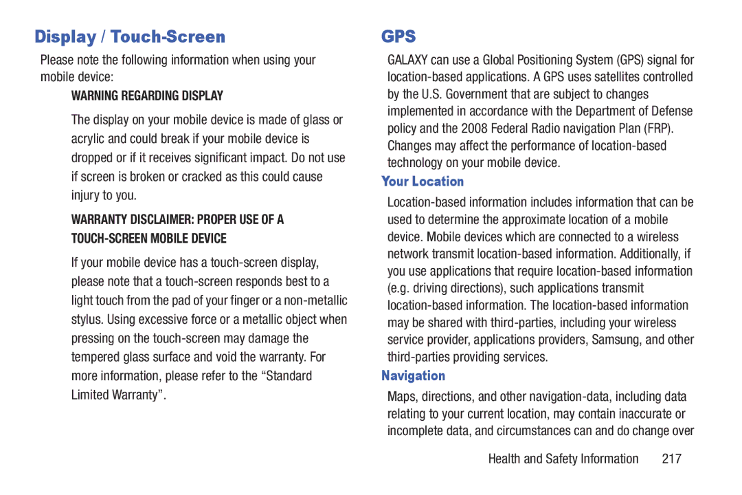 Samsung SGH-I497ZSAATT user manual Display / Touch-Screen, Your Location, 217 