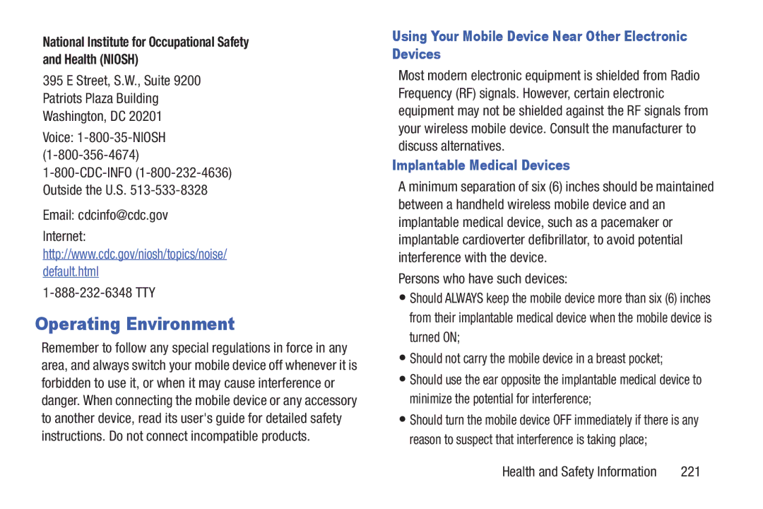 Samsung SGH-I497ZSAATT user manual Operating Environment, Using Your Mobile Device Near Other Electronic Devices 