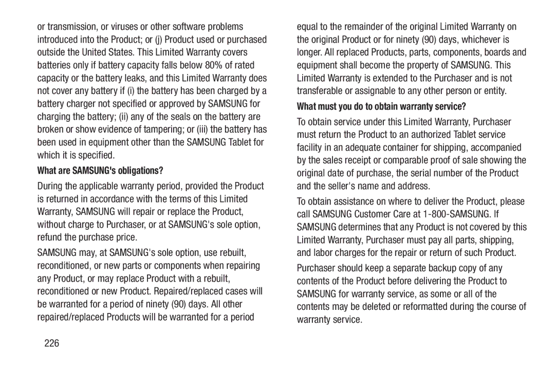 Samsung SGH-I497ZSAATT user manual What are SAMSUNGs obligations?, What must you do to obtain warranty service?, 226 